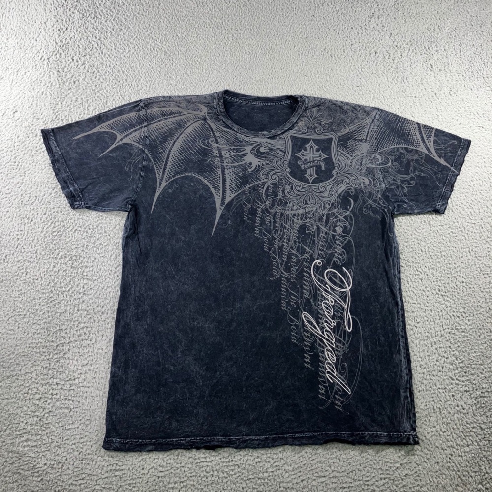 Y2K Graphic T-Shirt Mens XXL Gray Acid Wash Gothic Shield Bat Wing Cross Grunge